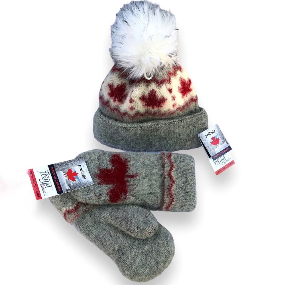 Freya Icelandic Wool Winter Set Hat Mitten Canada Maple Leafs Pom Lined NEW